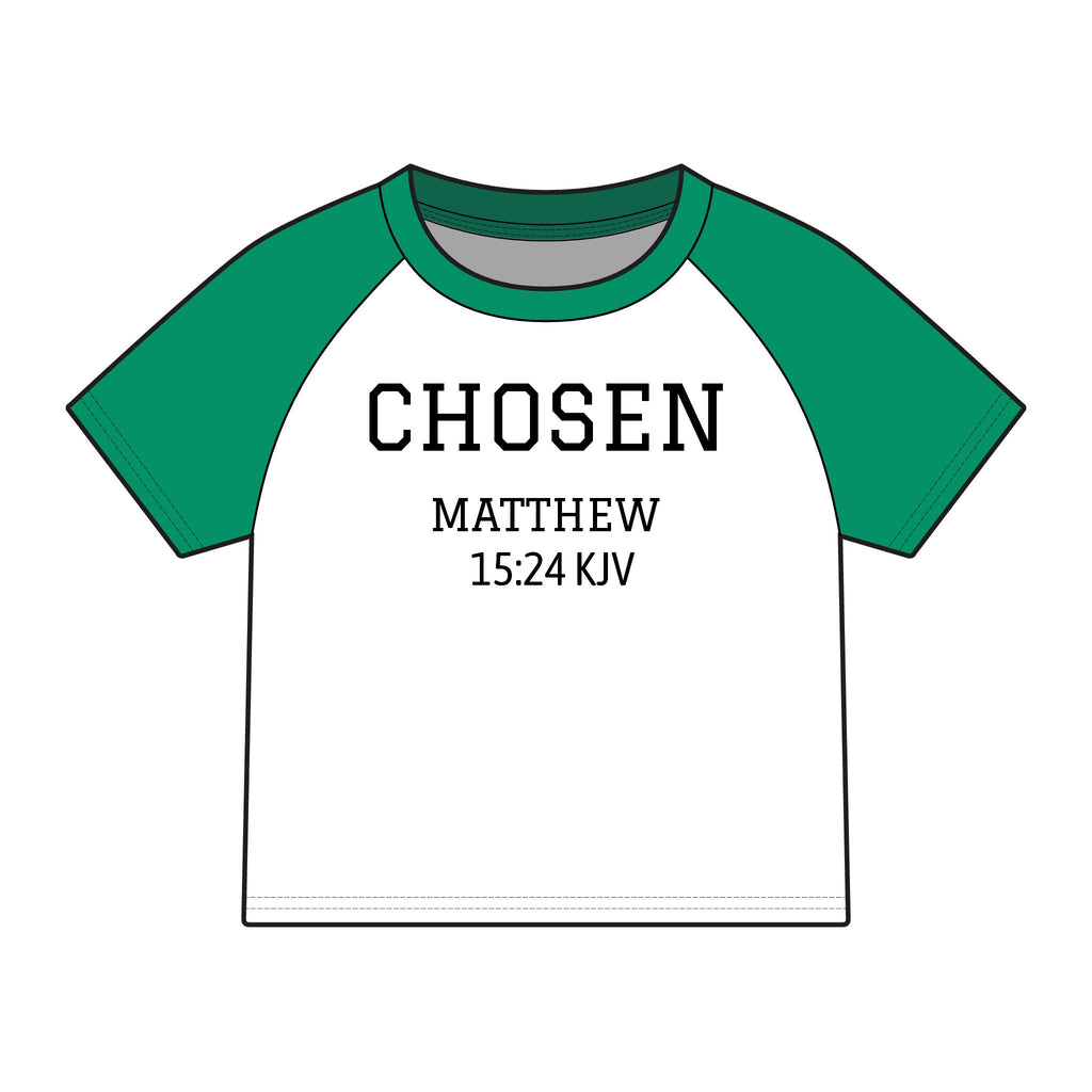 Chosen Raglan Baby Tee — "Chosen" Matthew 15:24 KJV Christian Baby Shirt