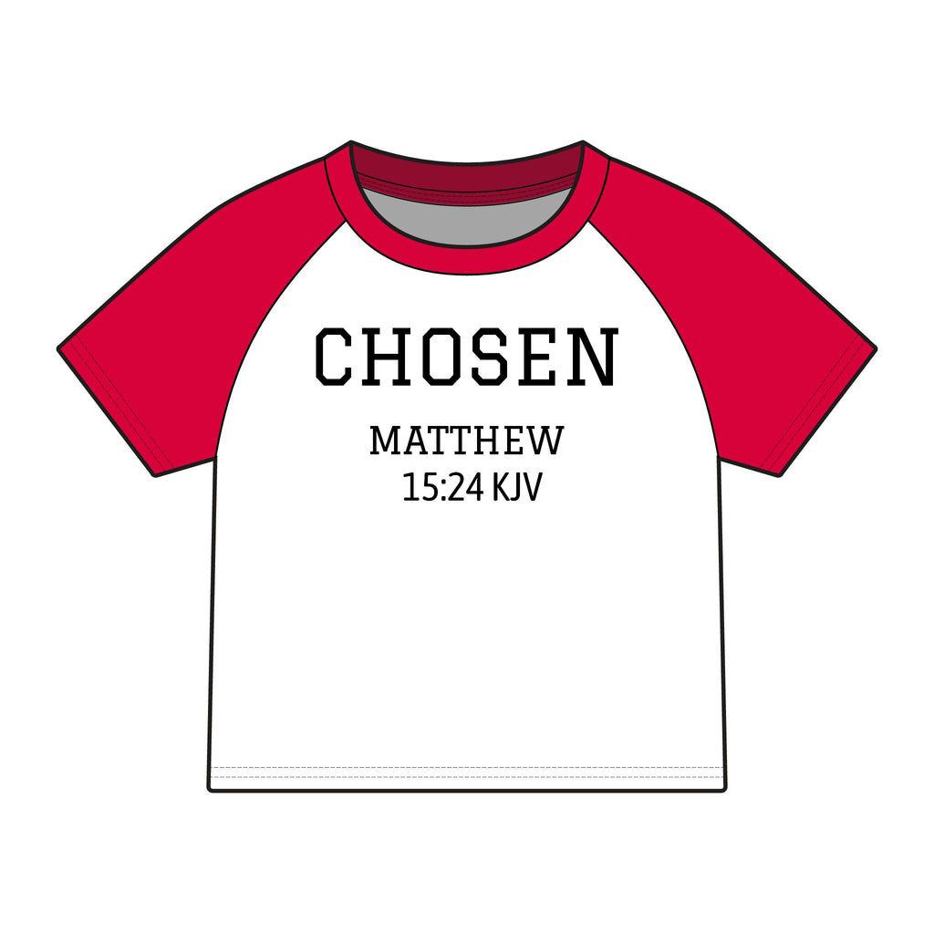 Chosen Raglan Baby Tee — "Chosen" Matthew 15:24 KJV Christian Baby Shirt
